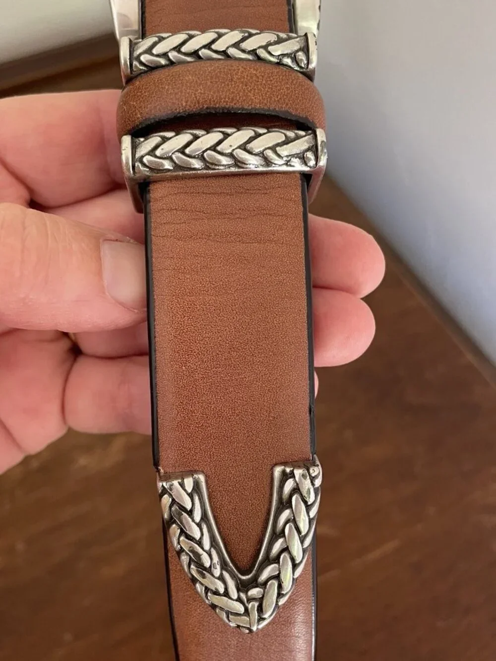 Vintage Southwest Style Silver Chunky Buckle Brown Leather Belt Size 28-32